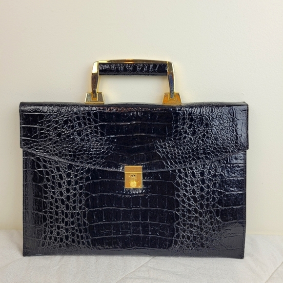 Vintage Black Croc Embossed Handbag Gold Accent Handle Clasp 9 X 13 Lady Office